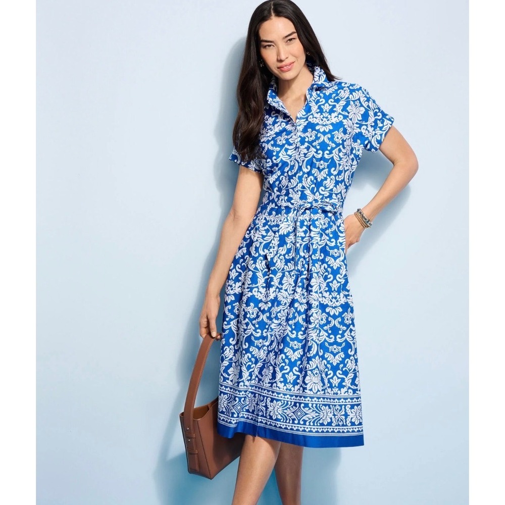 Talbots Petite Blue White Damask Floral Cotton Shirt Dress‎ 4P New With Tags